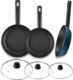 AMBITION AZZURRO Komplet patelni 20, 24, 28 cm + Pokrywki szklane / INDUKCJA