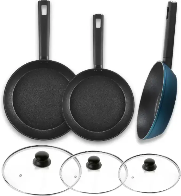 AMBITION AZZURRO Komplet patelni 20, 24, 28 cm + Pokrywki szklane / INDUKCJA