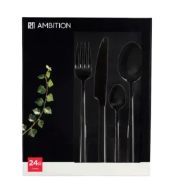 AMBITION COMO BLACK Komplet sztućców 30 el dla 6 osób w pudełku / czarne sztućce