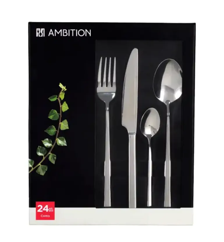AMBITION COMO Komplet sztućców 90 el dla 18 osób + 3x Łopatka do ciasta w pudełku / srebrne