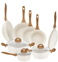 AMBITION NATURE Komplet Garnki z pokrywkami 6 el + Patelnie Nature 20, 24, 28 cm + patelnia naleśnikowa 28 cm + wok 26 cm
