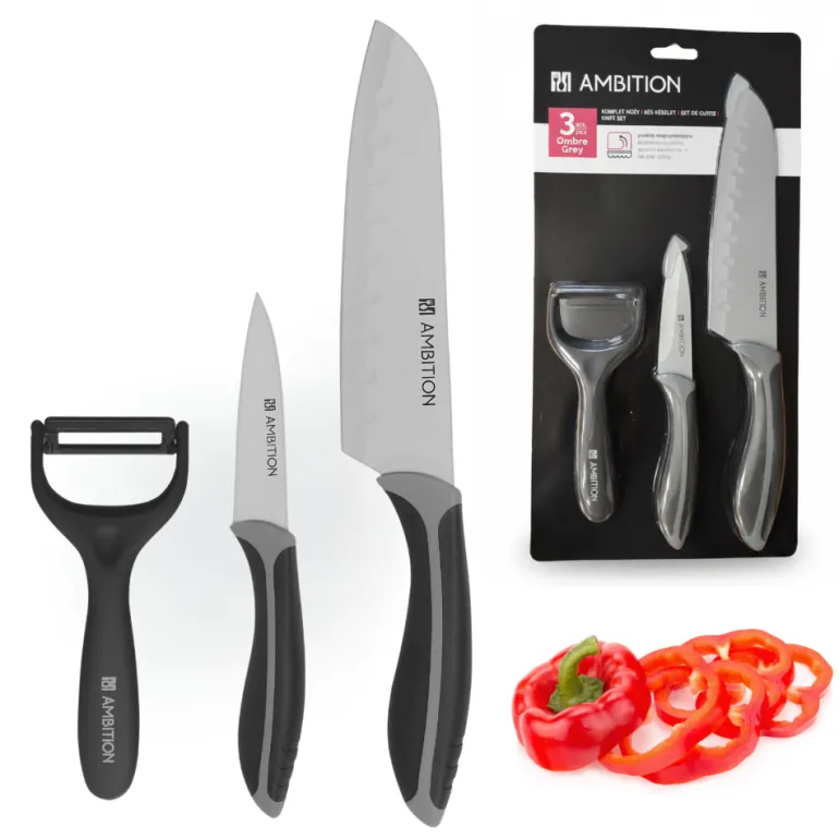 AMBITION OMBRE GREY Komplet 2 Noże + Obieraczka / 3 el / powłoka non-stick