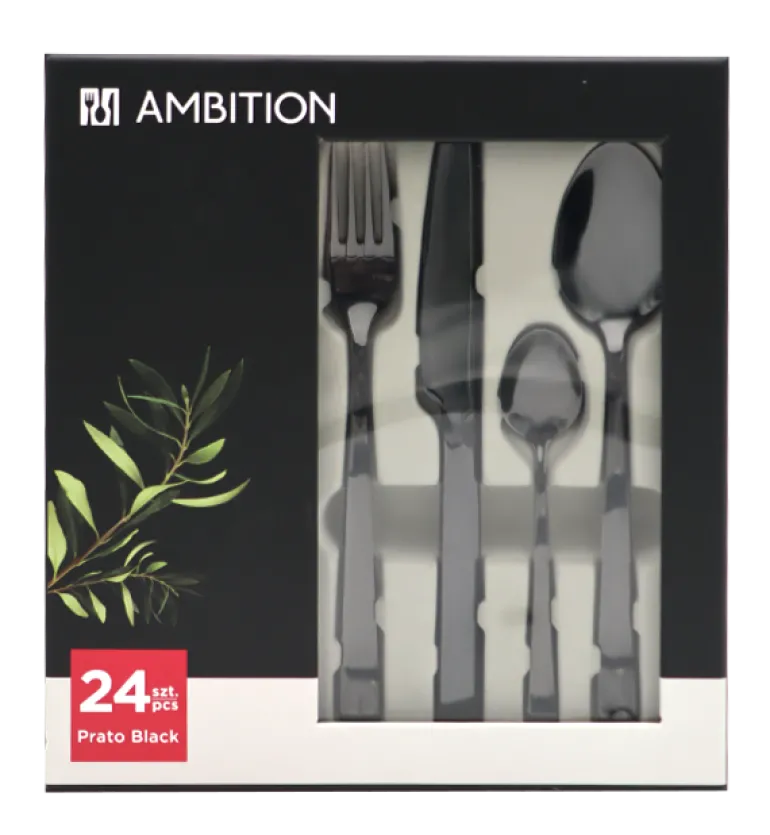 AMBITION PRATO Sztućce Komplet 72+21 el dla 18 osób / pudełko / czarne