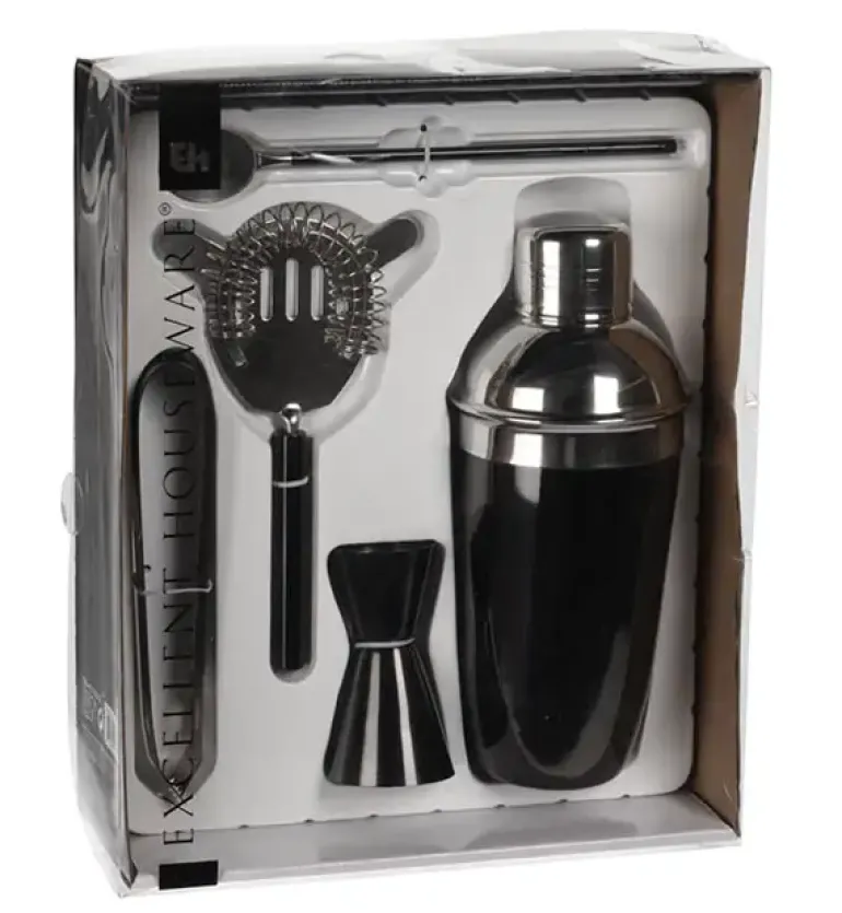 EXCELLENT HOUSEWARE Shaker barmański z akcesoriami 5 el czarny / stal nierdzewna