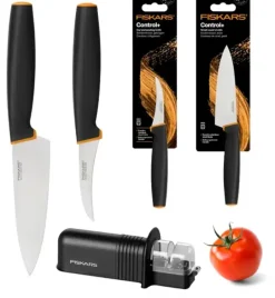 FISKARS CONTROL+ Komplet 2 noży + ostrzałka ceramiczna Roll-Sharp / japońska stal nierdzewna