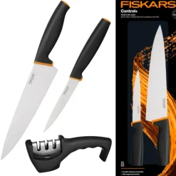 FISKARS CONTROL+ Zestaw 2 noży COOK'S SET w pudełku + Ostrzałka 3w1 uniwersalna / japońska stal nierdzewna