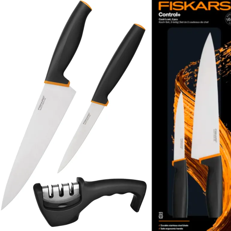 FISKARS CONTROL+ Zestaw 2 noży COOK'S SET w pudełku + Ostrzałka 3w1 uniwersalna / japońska stal nierdzewna