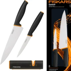 FISKARS CONTROL+ Zestaw 2 noży COOK'S SET w pudełku + Ostrzałka Edge / japońska stal nierdzewna