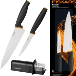 FISKARS CONTROL+ Zestaw 2 noży COOK'S SET w pudełku + Ostrzałka ceramiczna Essential Roll-Sharp / japońska stal nierdzewna