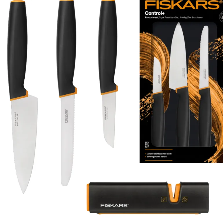 FISKARS CONTROL+ Zestaw 3 noży FAVOURITE SET w pudełku + Ostrzałka Edge / japońska stal nierdzewna