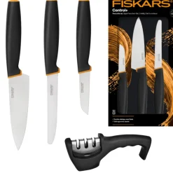 FISKARS CONTROL+ Zestaw 3 noży FAVOURITE SET w pudełku + Ostrzałka 3w1 uniwersalna / japońska stal nierdzewna