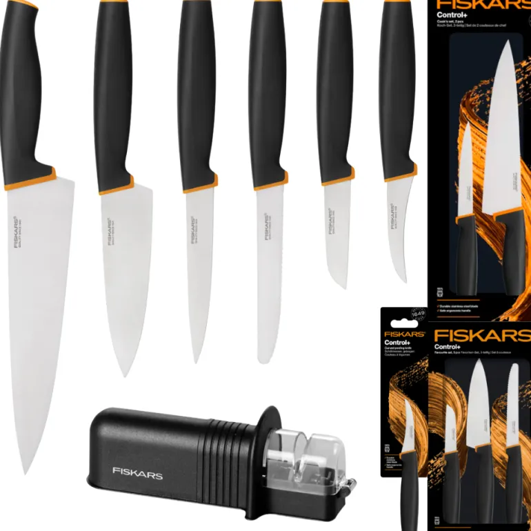 FISKARS CONTROL+ Zestaw 6 noży kuchennych FAVOURITE + COOK'S SET + Ostrzałka ceramiczna Essential Roll-Sharp / japońska stal nierdzewna