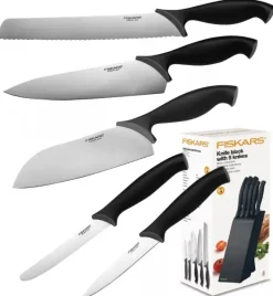 FISKARS CONTROL 1073023 Zestaw 5 noży kuchennych w czarnym bloku + Ostrzałka Functional Form