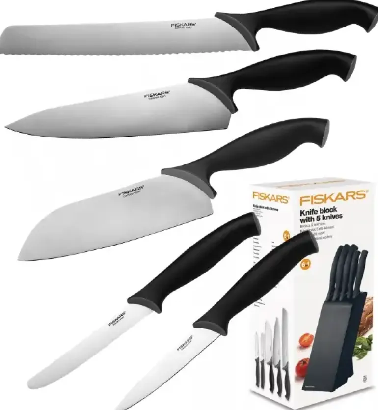 FISKARS CONTROL 1073023 Zestaw 5 noży kuchennych w czarnym bloku + Ostrzałka Functional Form