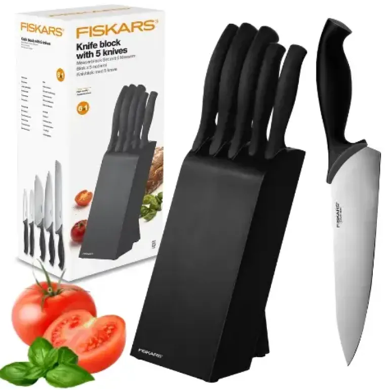FISKARS CONTROL 1073023 Zestaw 5 noży kuchennych w czarnym bloku + Ostrzałka Functional Form