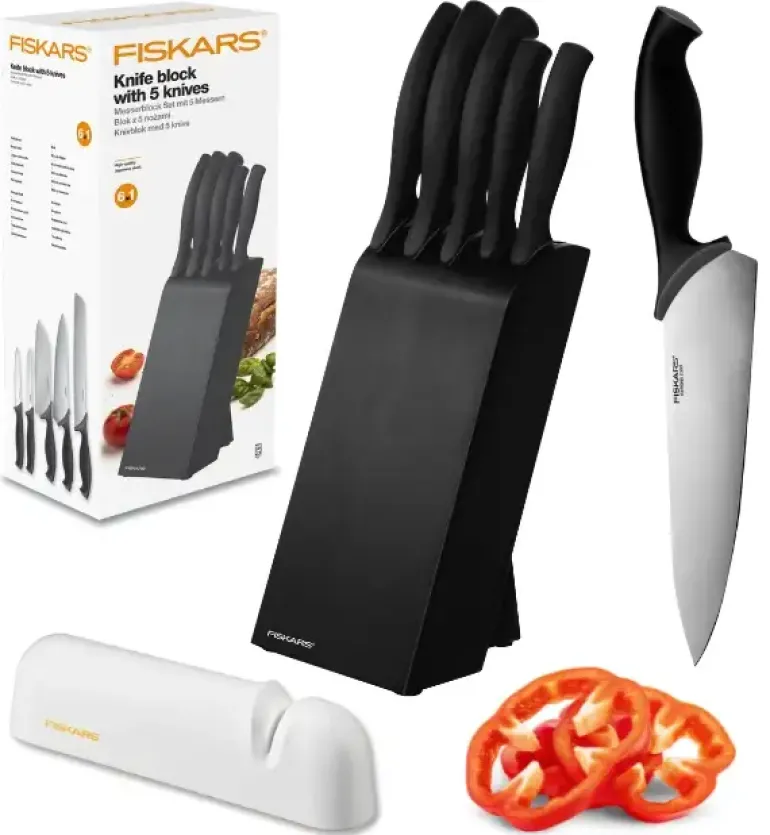 FISKARS CONTROL 1073023 Zestaw 5 noży kuchennych w czarnym bloku + Ostrzałka Functional Form