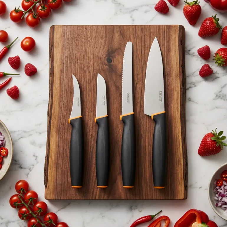 FISKARS CONTROL+ Zestaw 4 noży kuchennych FAVOURITE SET + Ostrzałka ceramiczna Essential Roll-Sharp / japońska stal nierdzewna