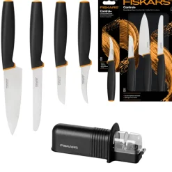 FISKARS CONTROL+ Zestaw 4 noży kuchennych FAVOURITE SET + Ostrzałka ceramiczna Essential Roll-Sharp / japońska stal nierdzewna