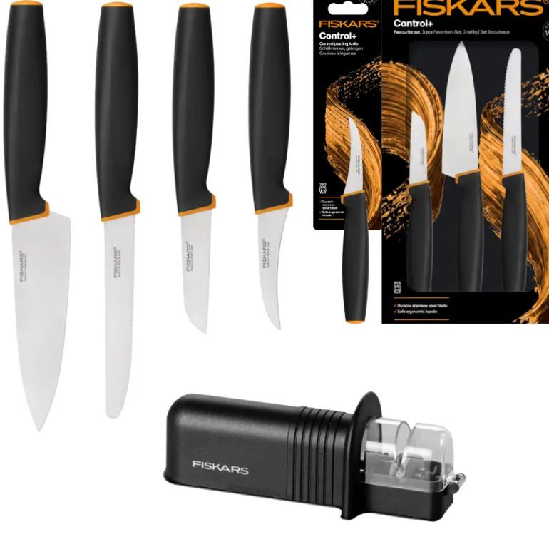 FISKARS CONTROL+ Zestaw 4 noży kuchennych FAVOURITE SET + Ostrzałka ceramiczna Essential Roll-Sharp / japońska stal nierdzewna