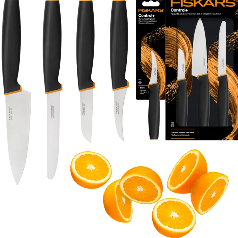 FISKARS CONTROL+ Zestaw 4 noży kuchennych FAVOURITE SET + Ostrzałka ceramiczna Essential Roll-Sharp / japońska stal nierdzewna