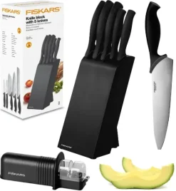 FISKARS CONTROL 1073023 Zestaw 5 noży kuchennych w czarnym bloku + Ostrzałka Essential