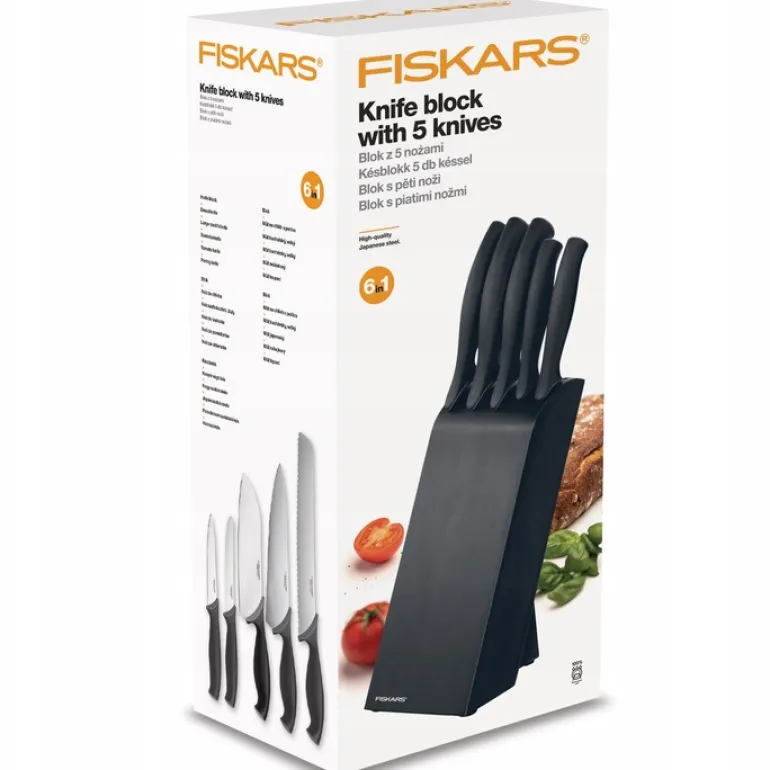 FISKARS CONTROL 1073023 Zestaw 5 noży kuchennych w czarnym bloku + Ostrzałka Essential