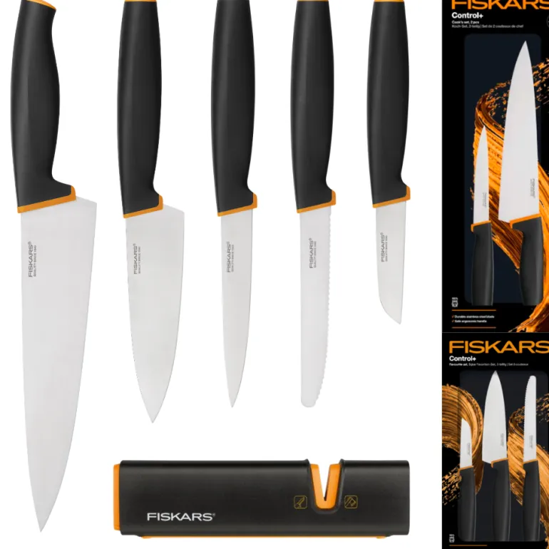 FISKARS CONTROL+ Zestaw 5 noży w pudełku + Ostrzałka Edge / japońska stal nierdzewna