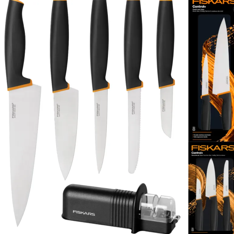 FISKARS CONTROL+ Zestaw 5 noży w pudełku + Ostrzałka ceramiczna Essential Roll-Sharp / japońska stal nierdzewna