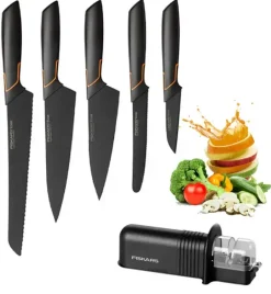 FISKARS EDGE Komplet 5 noży kuchennych + ostrzałka Essential / japońska stal nierdzewna