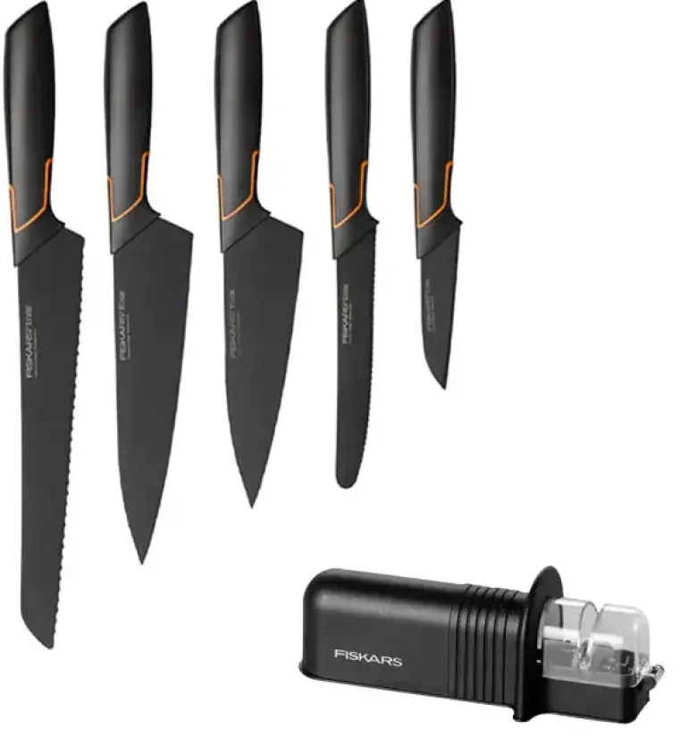 FISKARS EDGE Komplet 5 noży kuchennych + ostrzałka Essential / japońska stal nierdzewna