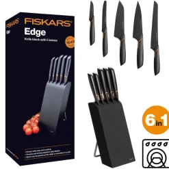 FISKARS EDGE 1003099+1003098 Zestaw 5 noży kuchennych w bloku czarnym / stal 420J2 / czarne ostrza + OSTRZAŁKA Edge