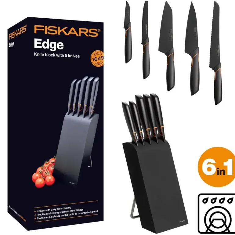 FISKARS EDGE 1003099+1003098 Zestaw 5 noży kuchennych w bloku czarnym / stal 420J2 / czarne ostrza + OSTRZAŁKA Edge