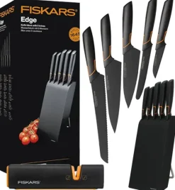 FISKARS EDGE 1003099+1003098 Zestaw 5 noży kuchennych w bloku czarnym / stal 420J2 / czarne ostrza + OSTRZAŁKA Edge