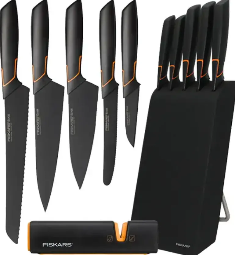 FISKARS EDGE 1003099+1003098 Zestaw 5 noży kuchennych w bloku czarnym / stal 420J2 / czarne ostrza + OSTRZAŁKA Edge