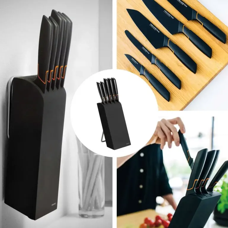 FISKARS EDGE 1003099+1003098 Zestaw 5 noży kuchennych w bloku czarnym / stal 420J2 / czarne ostrza + OSTRZAŁKA Edge