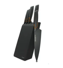 FISKARS EDGE 1003099 Zestaw 5 noży kuchennych w bloku czarnym / stal 420J2 / czarne ostrza + OSTRZAŁKA Essential