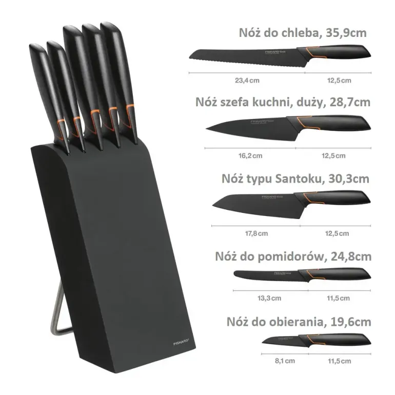 FISKARS EDGE 1003099 Zestaw 5 noży kuchennych w bloku czarnym / stal 420J2 / czarne ostrza + OSTRZAŁKA Essential