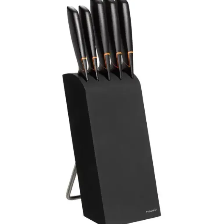 FISKARS EDGE 1003099 Zestaw 5 noży kuchennych w bloku czarnym / stal 420J2 / czarne ostrza + OSTRZAŁKA Essential