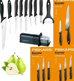 FISKARS ESSENTIAL Komplet 8 noży (kuchenne +do warzyw +do obierania) w pudełku + Ostrzałka + Skrobaczka ESSENTIAL