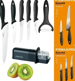 FISKARS ESSENTIAL Komplet 5 noży (kuchenne +do warzyw) w pudełku | stal nierdzewna HRC 53 + Ostrzałka + Skrobaczka ESSENTIAL