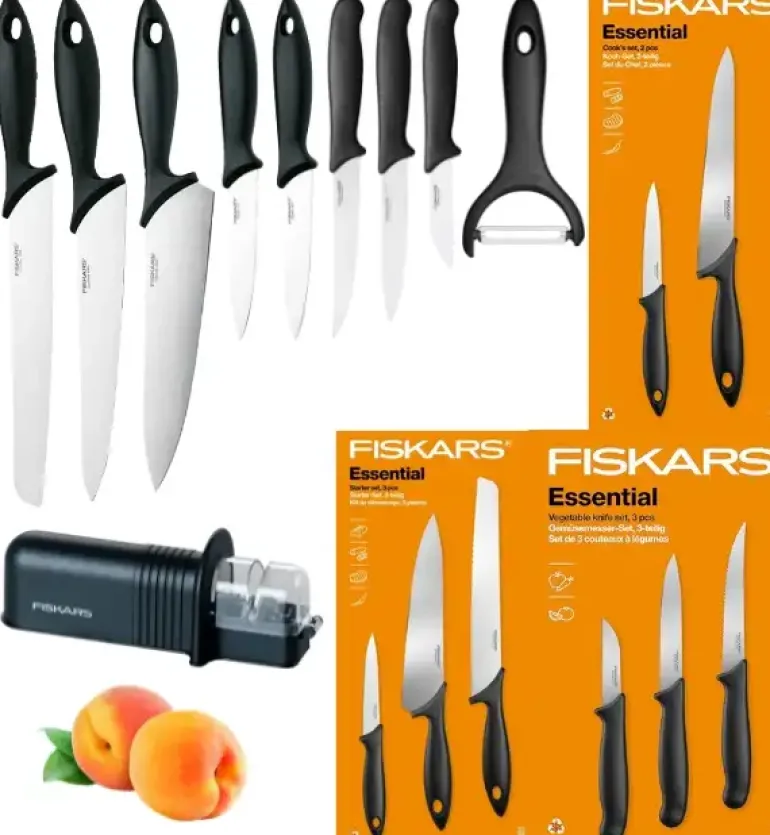 FISKARS ESSENTIAL Komplet 8 noży (kuchenne +Szefa +do warzyw) w pudełku / stal nierdzewna HRC 53 + Ostrzałka + Skrobaczka ESSENTIAL