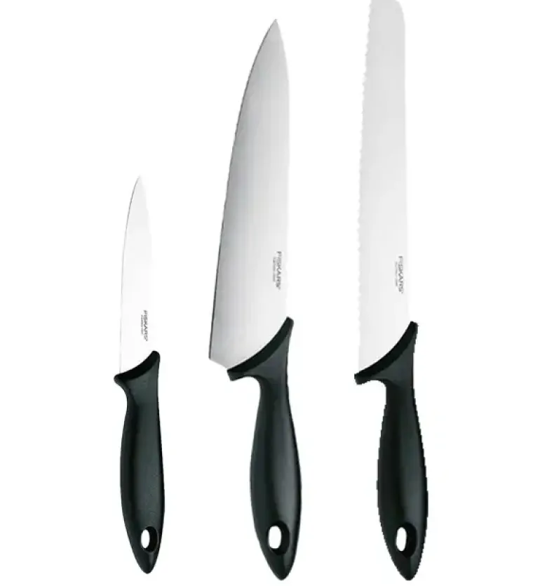 FISKARS ESSENTIAL Komplet 5 noży (kuchenne +Szefa) w pudełku + Ostrzałka ESSENTIAL