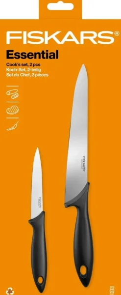 FISKARS ESSENTIAL Komplet 5 noży (kuchenne +Szefa) w pudełku + Ostrzałka ESSENTIAL