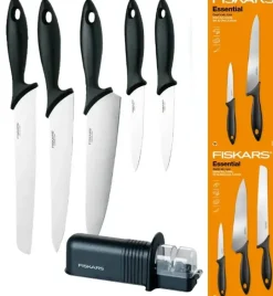 FISKARS ESSENTIAL Komplet 5 noży (kuchenne +Szefa) w pudełku + Ostrzałka ESSENTIAL