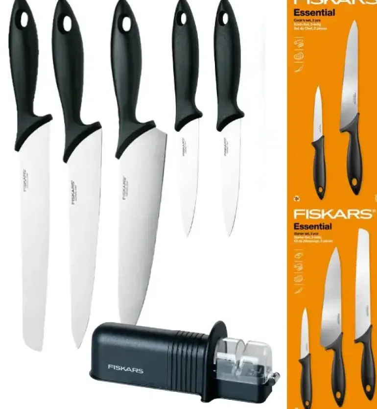 FISKARS ESSENTIAL Komplet 5 noży (kuchenne +Szefa) w pudełku + Ostrzałka ESSENTIAL