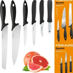 FISKARS ESSENTIAL Komplet 6 noży (kuchenne + do obierania) w pudełku + Ostrzałka ESSENTIAL