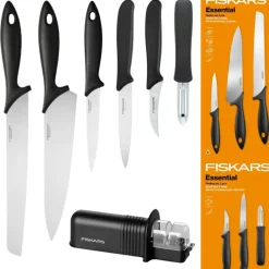 FISKARS ESSENTIAL Komplet 6 noży (kuchenne + do obierania) w pudełku + Ostrzałka ESSENTIAL