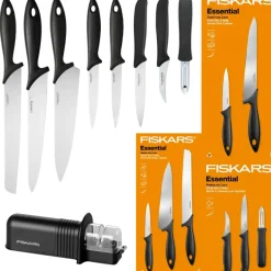 FISKARS ESSENTIAL Komplet 8 noży (kuchenne + Szefa + do obierania) w pudełku + Ostrzałka ESSENTIAL