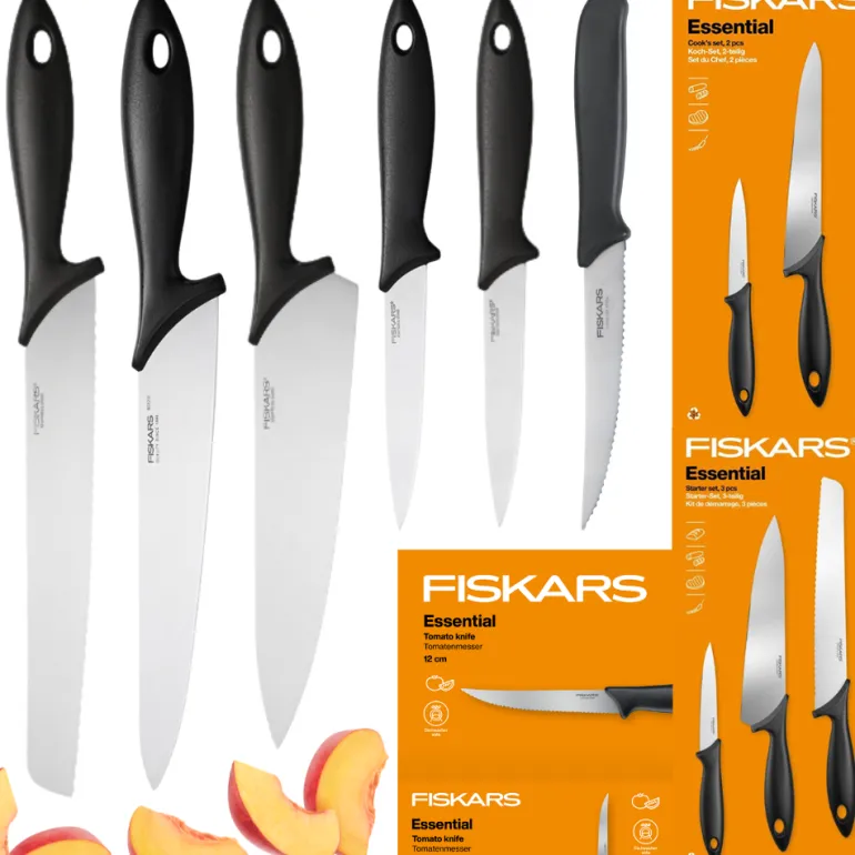 FISKARS ESSENTIAL Komplet 6 noży (kuchenne + Szefa + do pomidorów) / stal nierdzewna