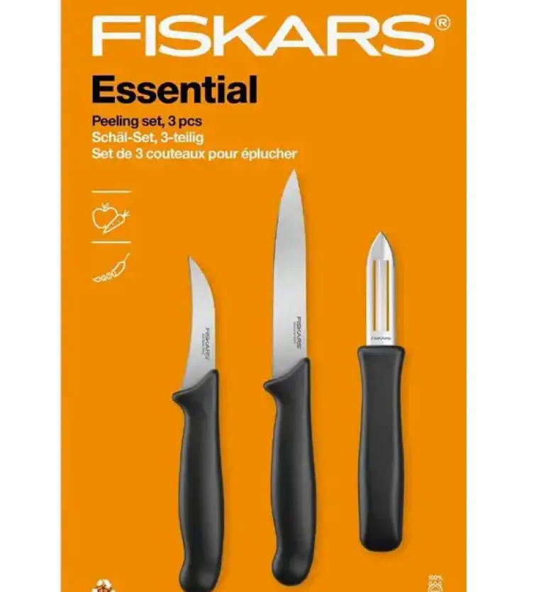 FISKARS ESSENTIAL Komplet 8 noży (kuchenne + Szefa + do obierania) w pudełku / stal nierdzewna